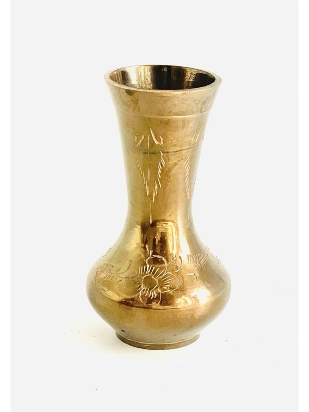 Boho Mid-century Modern Brass Mini Bud Vase 3.25” Hand-Etched Floral Gold Decor